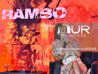 Yvette Monreal talks  during Rambo: Last Blood film press conference at  Four Season Hotel on September 12, 2019 in Mexico City, Mexico (