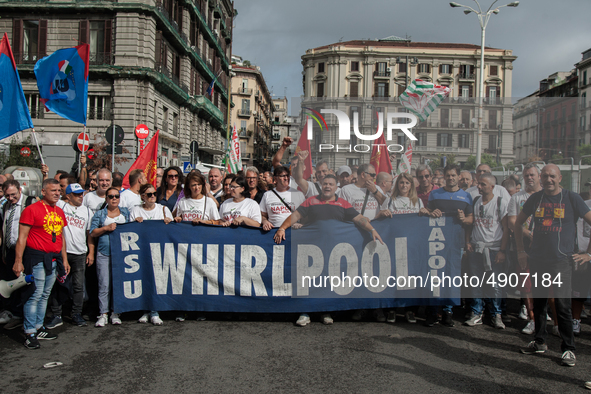 Employees of Whirlpool protest in Naples, Italy on September 23, 2019. Employees of the Naples office furious at the company's decision to p...