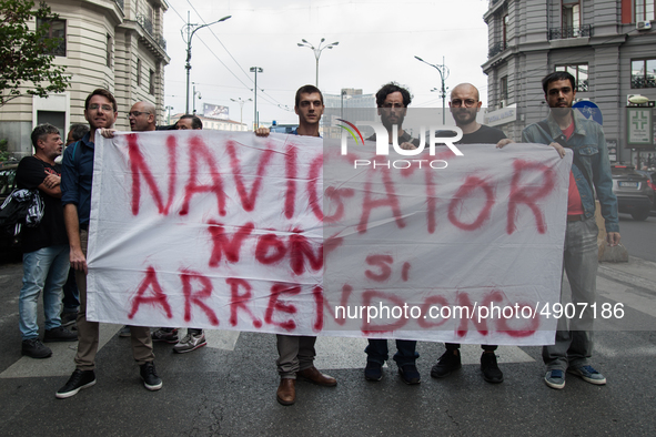 Employees of Whirlpool protest in Naples, Italy on September 23, 2019. Employees of the Naples office furious at the company's decision to p...