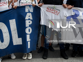 Employees of Whirlpool protest in Naples, Italy on September 23, 2019. Employees of the Naples office furious at the company's decision to p...