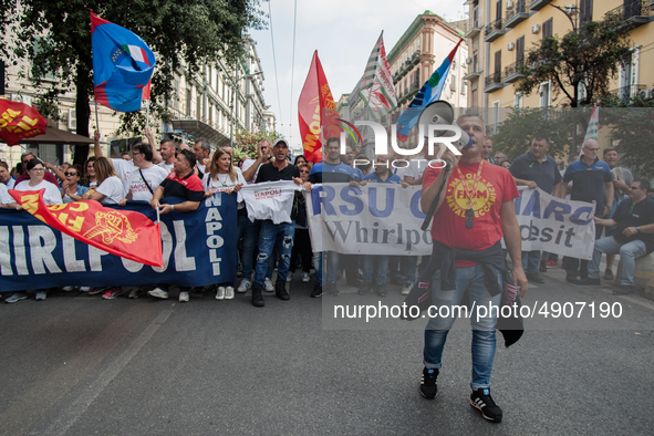 Employees of Whirlpool protest in Naples, Italy on September 23, 2019. Employees of the Naples office furious at the company's decision to p...