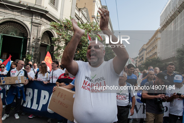 Employees of Whirlpool protest in Naples, Italy on September 23, 2019. Employees of the Naples office furious at the company's decision to p...