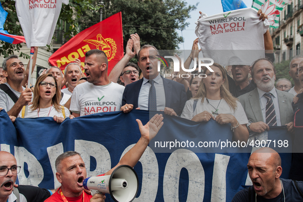 Employees of Whirlpool protest in Naples, Italy on September 23, 2019. Employees of the Naples office furious at the company's decision to p...