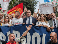 Employees of Whirlpool protest in Naples, Italy on September 23, 2019. Employees of the Naples office furious at the company's decision to p...