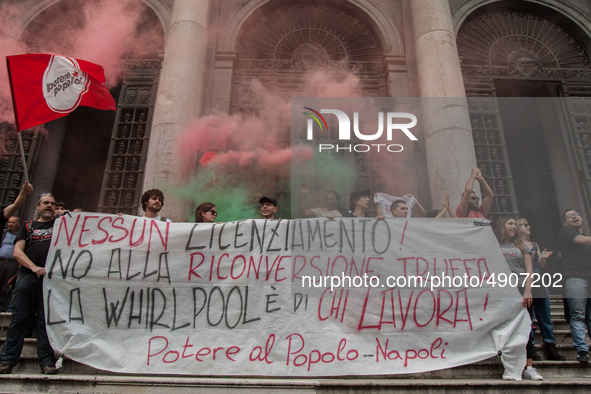 Employees of Whirlpool protest in Naples, Italy on September 23, 2019. Employees of the Naples office furious at the company's decision to p...