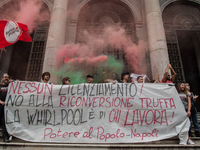 Employees of Whirlpool protest in Naples, Italy on September 23, 2019. Employees of the Naples office furious at the company's decision to p...