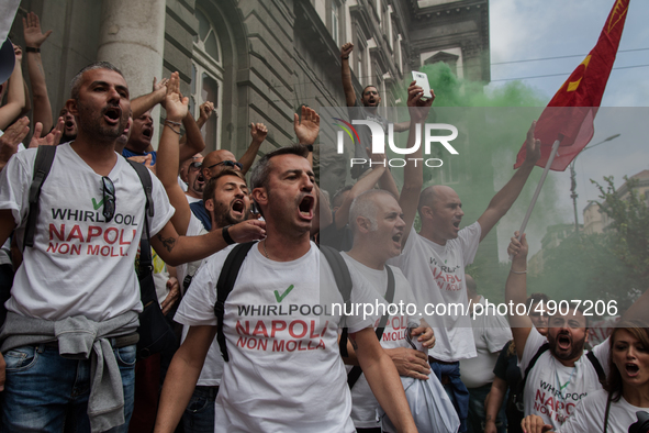 Employees of Whirlpool protest in Naples, Italy on September 23, 2019. Employees of the Naples office furious at the company's decision to p...