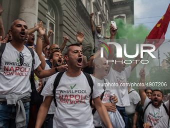 Employees of Whirlpool protest in Naples, Italy on September 23, 2019. Employees of the Naples office furious at the company's decision to p...