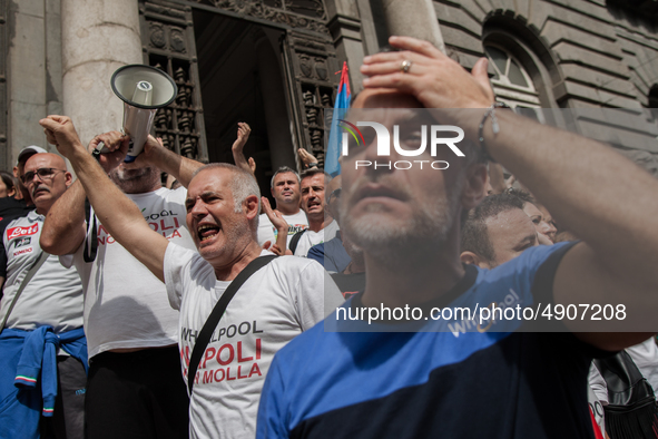 Employees of Whirlpool protest in Naples, Italy on September 23, 2019. Employees of the Naples office furious at the company's decision to p...