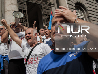 Employees of Whirlpool protest in Naples, Italy on September 23, 2019. Employees of the Naples office furious at the company's decision to p...