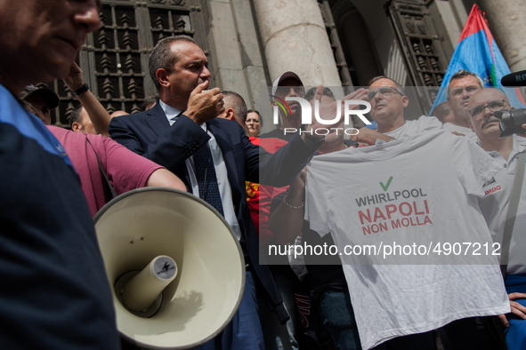 Employees of Whirlpool protest in Naples, Italy on September 23, 2019. Employees of the Naples office furious at the company's decision to p...