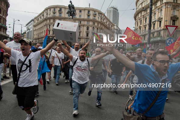 Employees of Whirlpool protest in Naples, Italy on September 23, 2019. Employees of the Naples office furious at the company's decision to p...