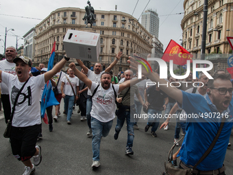 Employees of Whirlpool protest in Naples, Italy on September 23, 2019. Employees of the Naples office furious at the company's decision to p...