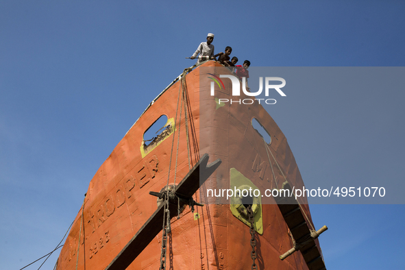 Children plays on a ship in a dockyard beside the Buriganga River in Dhaka, Bangladesh on October 04, 2019.
There are  twenty-eight dockyard...