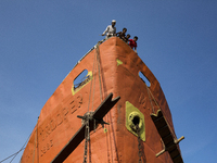 Children plays on a ship in a dockyard beside the Buriganga River in Dhaka, Bangladesh on October 04, 2019.
There are  twenty-eight dockyard...