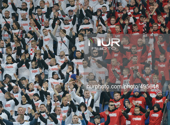 Cracovia's supporters during the derby match between Wisla Krakow and Cracovia Krakow, a Polish Ekstraklasa league match at Reymont's Stadiu...