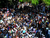 Bangladeshi admission seekers exit Buet premises in line ahead of the tests amid tight security in Dhaka, Bangladesh, on October 14, 2019.Th...