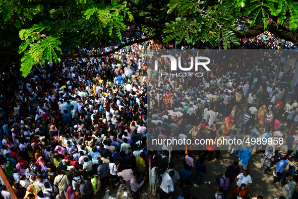 Bangladeshi admission seekers exit Buet premises in line ahead of the tests amid tight security in Dhaka, Bangladesh, on October 14, 2019.Th...