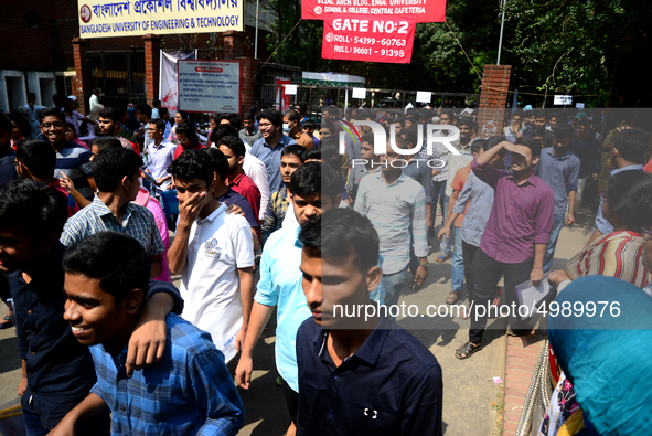 Bangladeshi admission seekers exit Buet premises in line ahead of the tests amid tight security in Dhaka, Bangladesh, on October 14, 2019.Th...