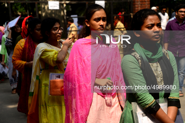 Bangladeshi admission seekers exit Buet premises in line ahead of the tests amid tight security in Dhaka, Bangladesh, on October 14, 2019.Th...