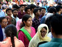 Bangladeshi admission seekers exit Buet premises in line ahead of the tests amid tight security in Dhaka, Bangladesh, on October 14, 2019.Th...