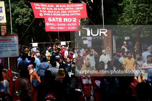 Bangladeshi admission seekers exit Buet premises in line ahead of the tests amid tight security in Dhaka, Bangladesh, on October 14, 2019.Th...