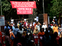 Bangladeshi admission seekers exit Buet premises in line ahead of the tests amid tight security in Dhaka, Bangladesh, on October 14, 2019.Th...