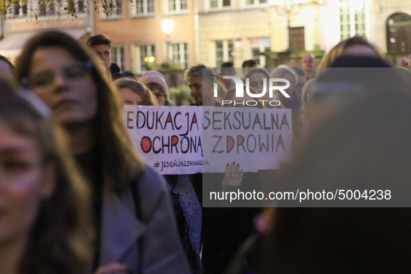 Protester holding sign that says ;Sexual education it's a healthcare' during the rally against a bill that would criminalize sex education i...