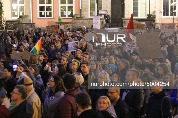 Protesters  during the rally against a bill that would criminalize sex education are seen in Gdansk, Poland on 17 October 2019 . Thousands o...