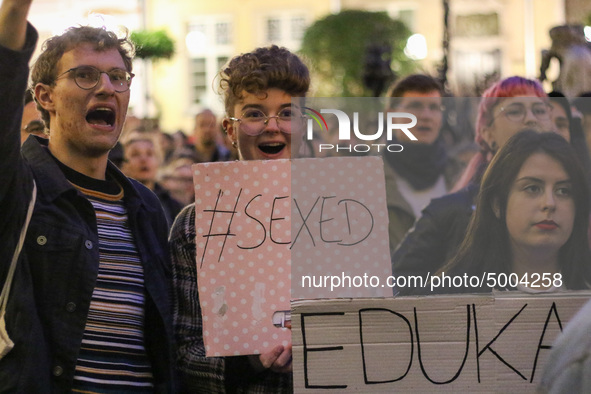 Protester holding sign that says '# Sexed'  during the rally against a bill that would criminalize sex education is seen in Gdansk, Poland o...