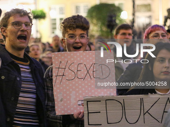 Protester holding sign that says '# Sexed'  during the rally against a bill that would criminalize sex education is seen in Gdansk, Poland o...