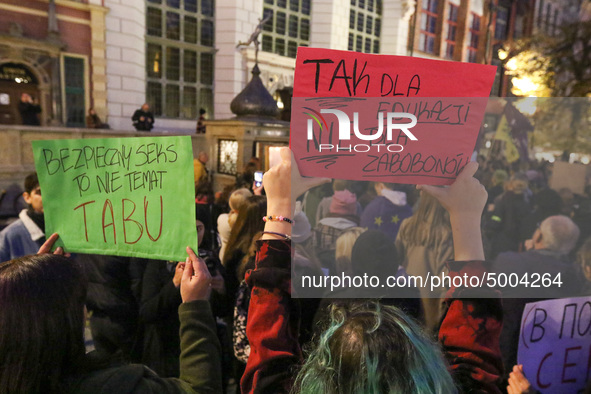 Protester holding sign that says 'safe sex is not a taboo'  during the rally against a bill that would criminalize sex education is seen in...