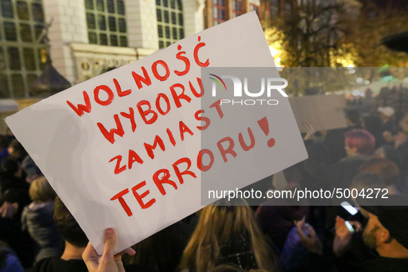 Protester holding sign that says 'freedom of choice instead of terror' during the rally against a bill that would criminalize sex education...