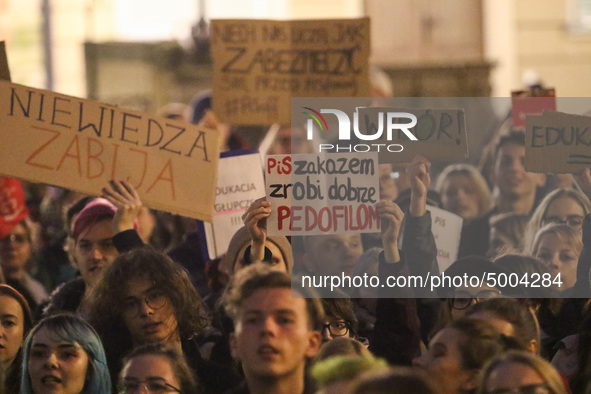 Protesters  during the rally against a bill that would criminalize sex education are seen in Gdansk, Poland on 17 October 2019 . Thousands o...