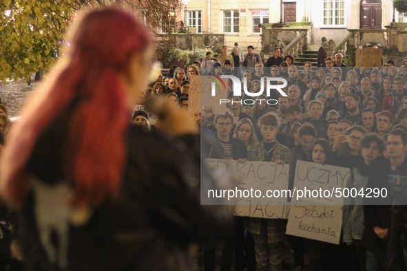 Protesters  during the rally against a bill that would criminalize sex education are seen in Gdansk, Poland on 17 October 2019 . Thousands o...