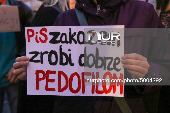 Protester holding sign that says 'PiS this ban will do good to pedophiles'  during the rally against a bill that would criminalize sex educa...