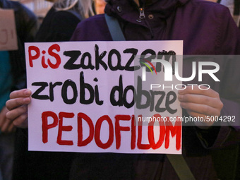 Protester holding sign that says 'PiS this ban will do good to pedophiles'  during the rally against a bill that would criminalize sex educa...