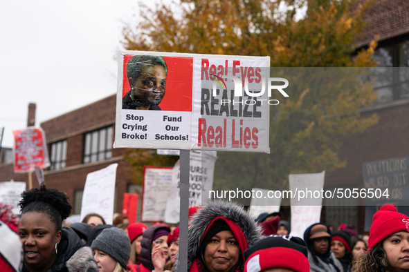 Striking teachers and supporters rally at the Lincoln Yards development site in Chicago on October 29, 2019. The Chicago Teachers Union is n...