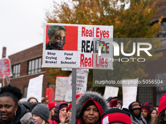 Striking teachers and supporters rally at the Lincoln Yards development site in Chicago on October 29, 2019. The Chicago Teachers Union is n...