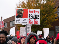 Striking teachers and supporters rally at the Lincoln Yards development site in Chicago on October 29, 2019. The Chicago Teachers Union is n...