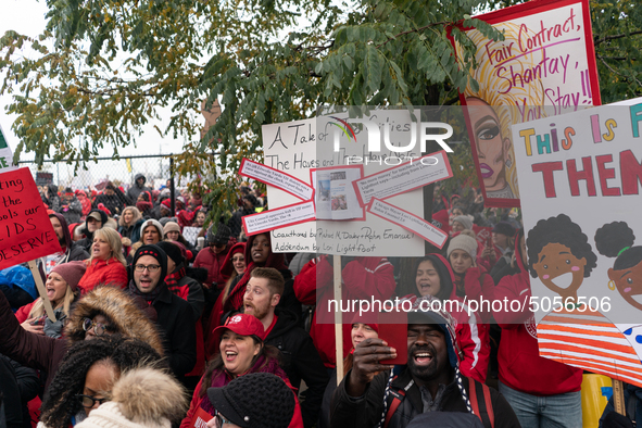 Striking teachers and supporters rally at the Lincoln Yards development site in Chicago on October 29, 2019. The Chicago Teachers Union is n...