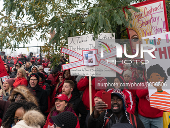 Striking teachers and supporters rally at the Lincoln Yards development site in Chicago on October 29, 2019. The Chicago Teachers Union is n...