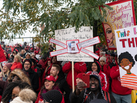 Striking teachers and supporters rally at the Lincoln Yards development site in Chicago on October 29, 2019. The Chicago Teachers Union is n...