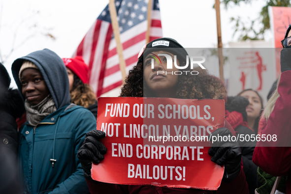 Striking teachers and supporters rally at the Lincoln Yards development site in Chicago on October 29, 2019. The Chicago Teachers Union is n...