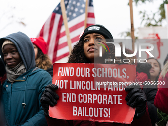 Striking teachers and supporters rally at the Lincoln Yards development site in Chicago on October 29, 2019. The Chicago Teachers Union is n...