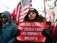 Striking teachers and supporters rally at the Lincoln Yards development site in Chicago on October 29, 2019. The Chicago Teachers Union is n...