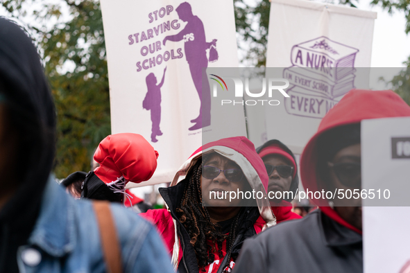 Striking teachers and supporters rally at the Lincoln Yards development site in Chicago on October 29, 2019. The Chicago Teachers Union is n...