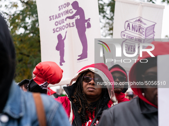 Striking teachers and supporters rally at the Lincoln Yards development site in Chicago on October 29, 2019. The Chicago Teachers Union is n...