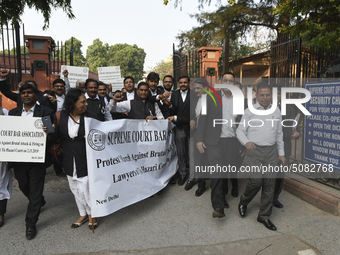 Lawyers march towards India Gate from the Supreme Court premises as they protest against Delhi Police on 4 November 2019 in New Delhi, India...