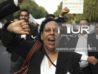 Lawyers march towards India Gate from the Supreme Court premises as they protest against Delhi Police on 4 November 2019 in New Delhi, India...